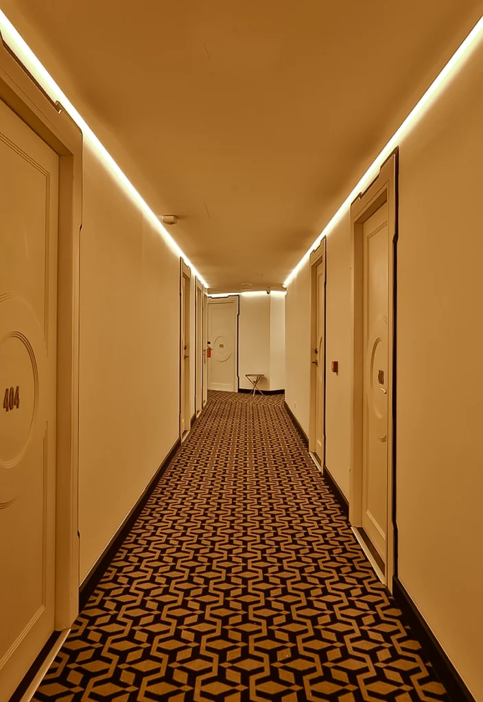 Pasillo de habitaciones del hotel 2Ciels Marrakech con moqueta estampada